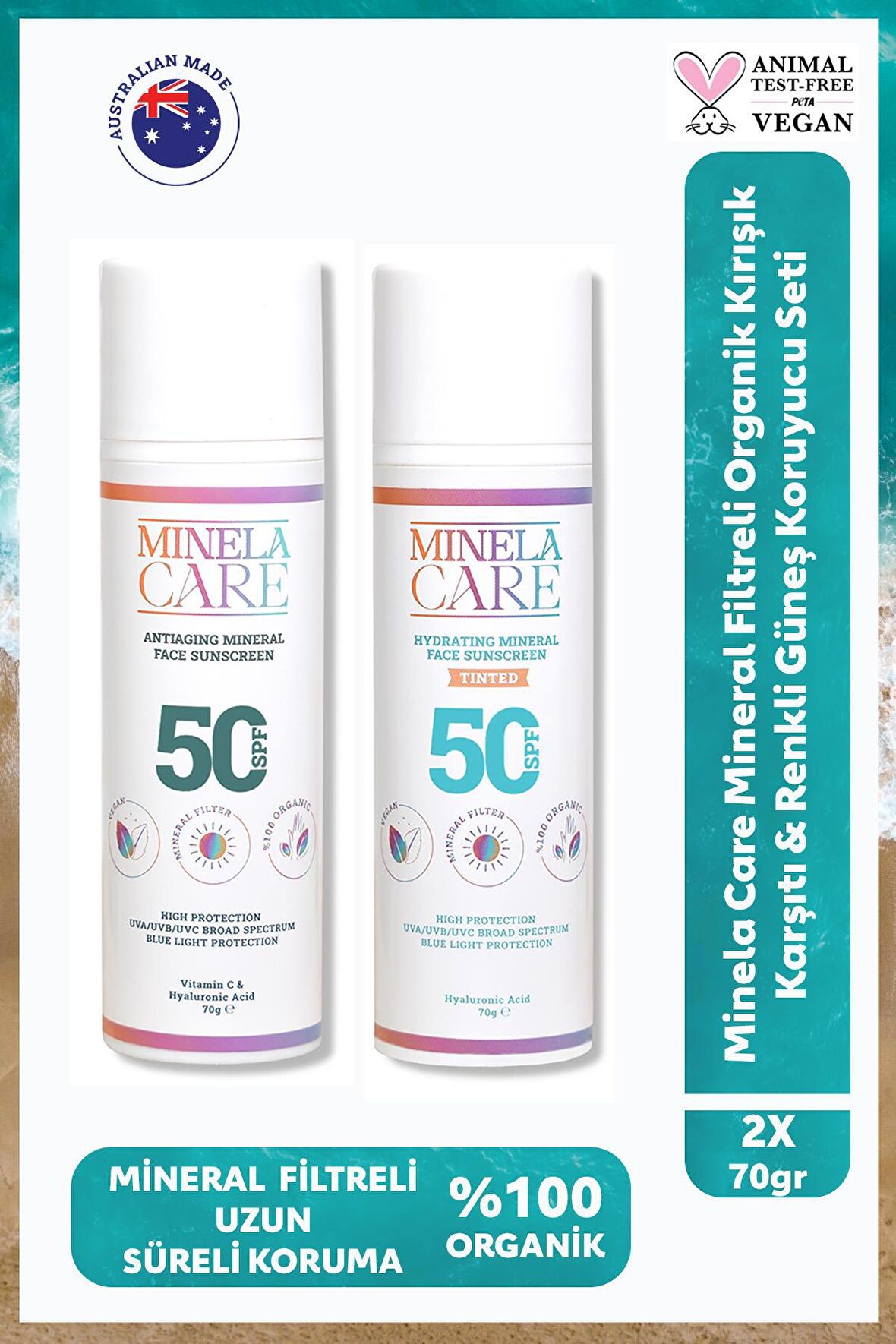  Minela Care Mineral Filtreli Organik Kırışık Karşıtı + Renkli Güneş Koruyucu Seti